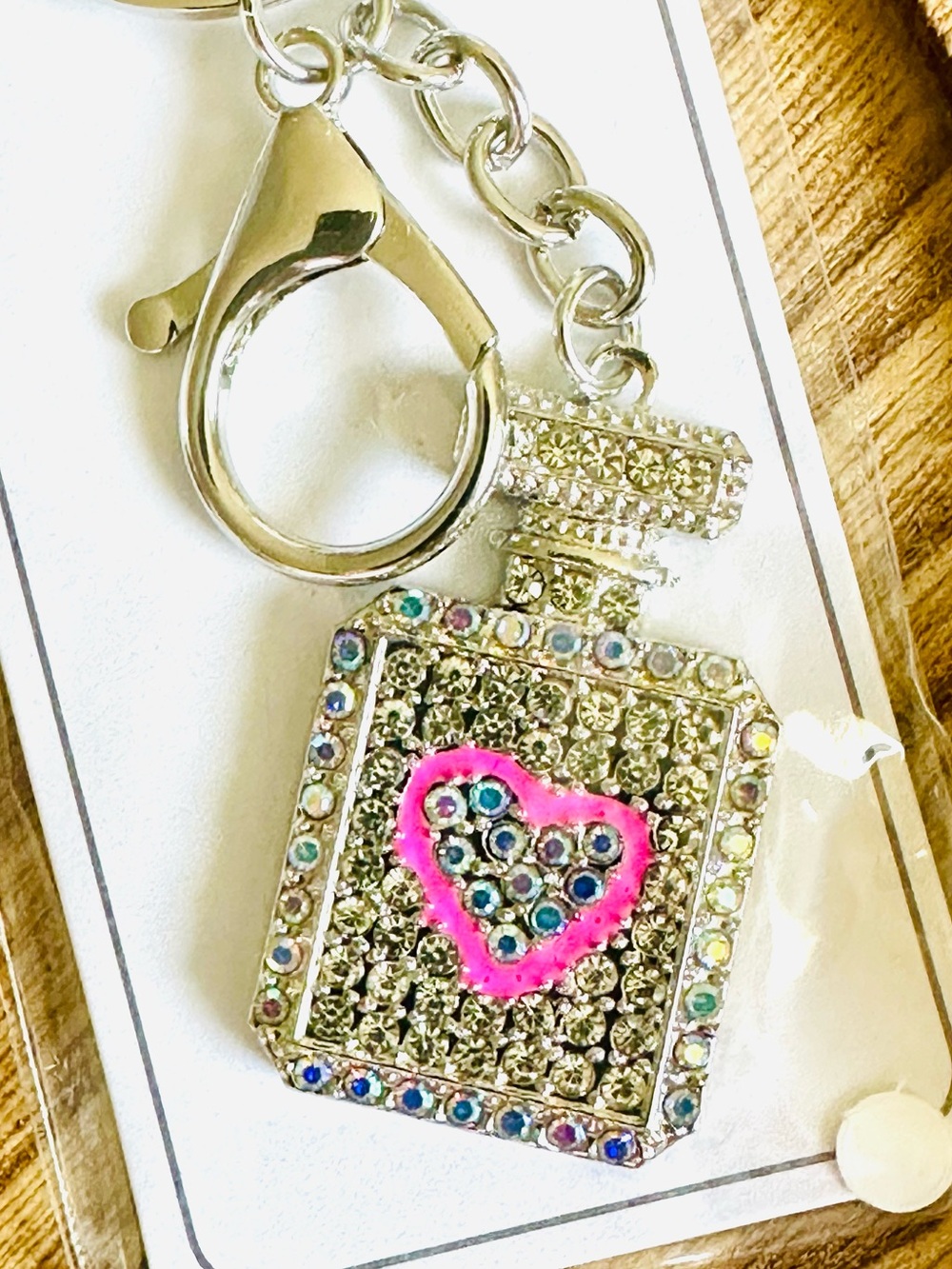 NWT Silver Bag Charm Keychain Crystal Perfume Bottle w/ Hot Pink Enameled Heart